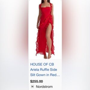House of CB Red Ariela Ruffle Side Slit Gown